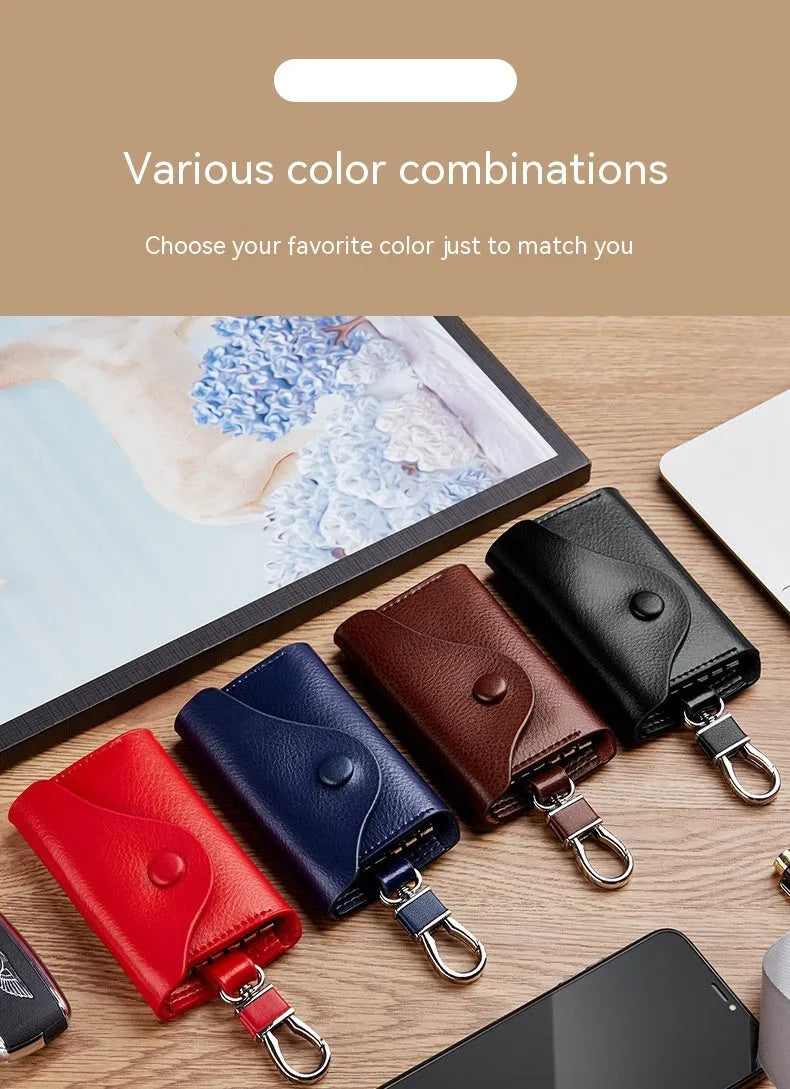 Men's black genuine leather square keychain card holder with key ring and card slot.