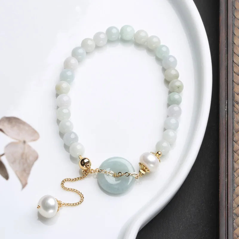 Natural emerald jade pearl bracelet with geometric peace buckle pendant and Chinese national style design