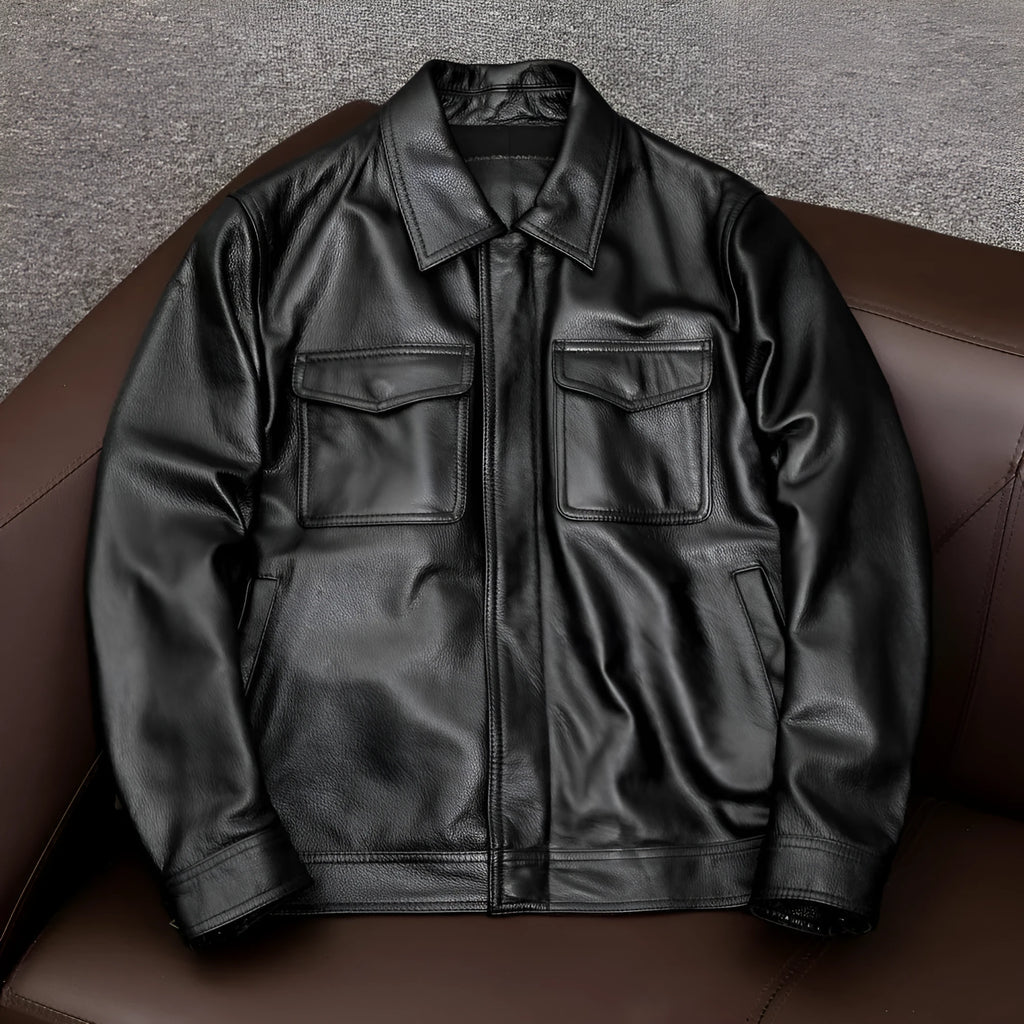Men's black PU leather jacket with lapel collar and side pockets