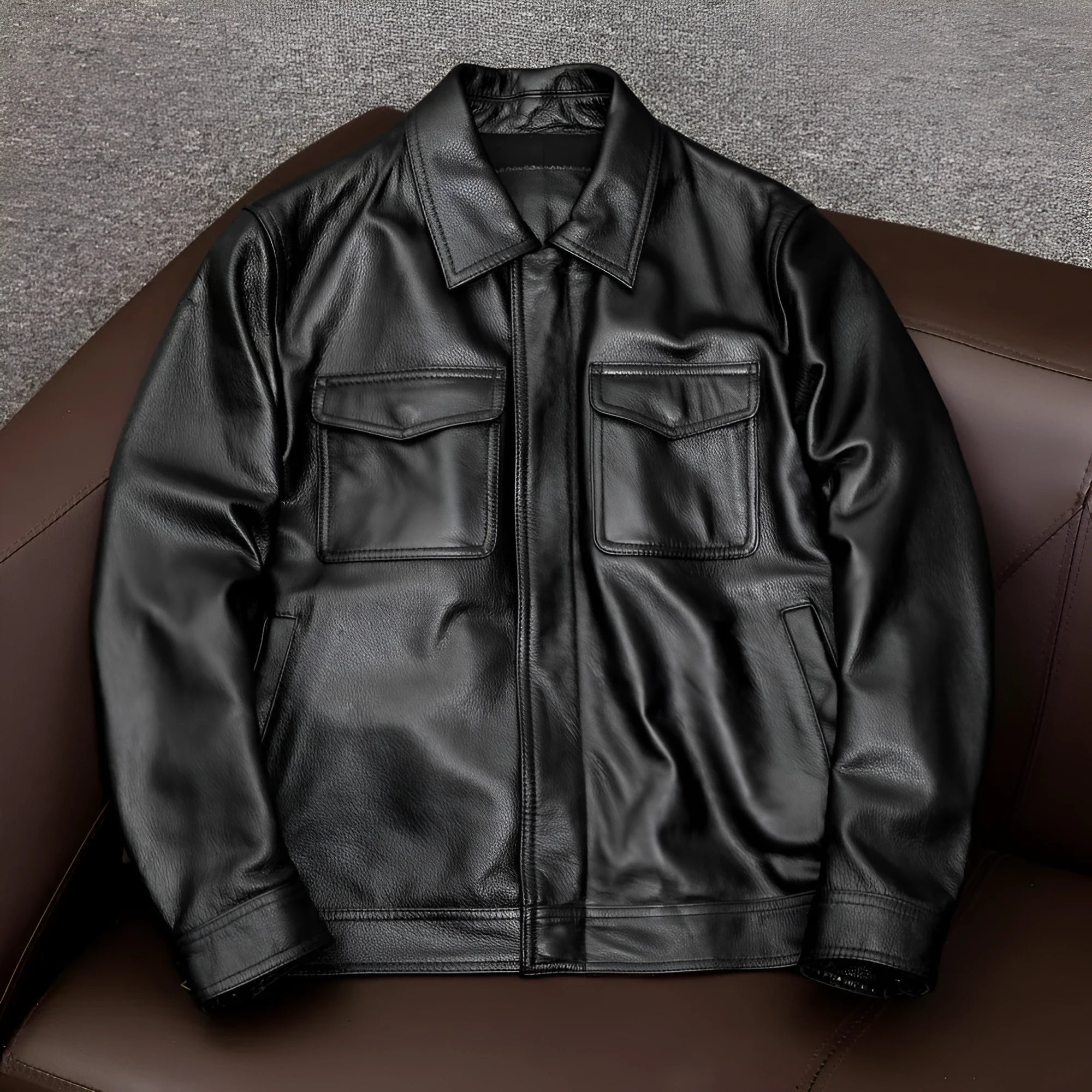 Men's black PU leather jacket with lapel collar and side pockets