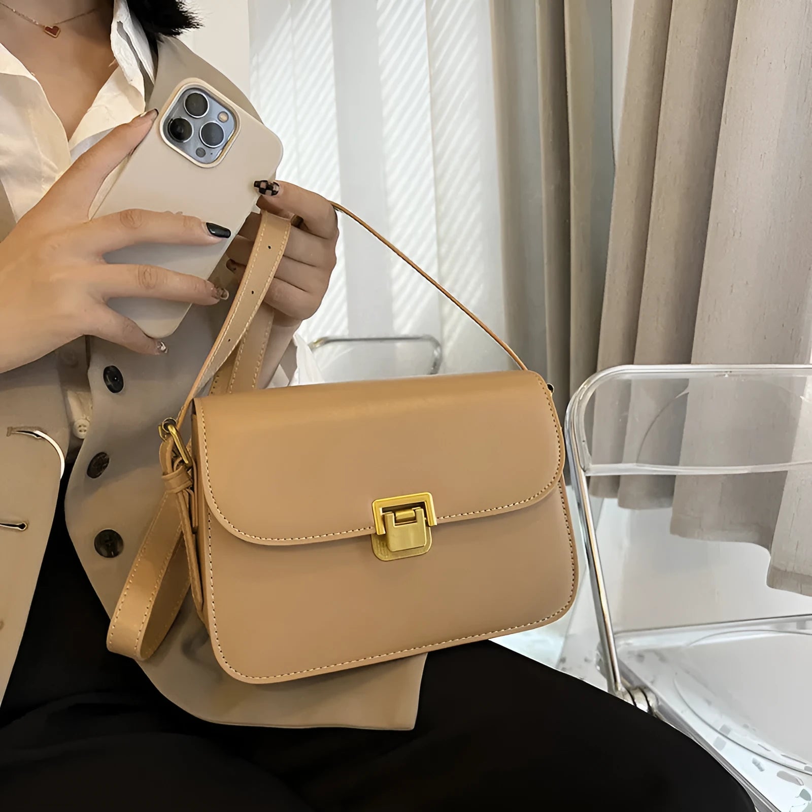Soft PU women's small square cross-body bag in horizontal shape with one-shoulder strap
