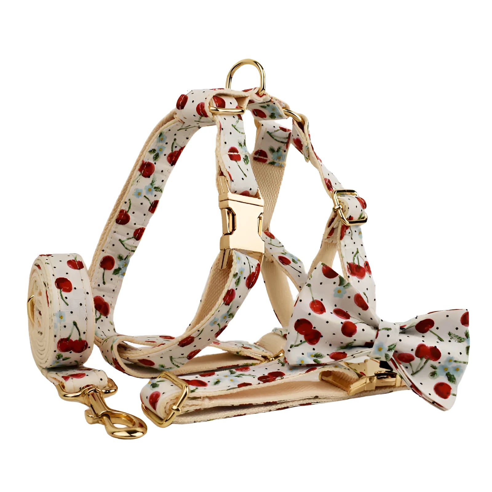 Red cherry printed dog collar set with leash, vest, poop bag, bow and light gold buckle