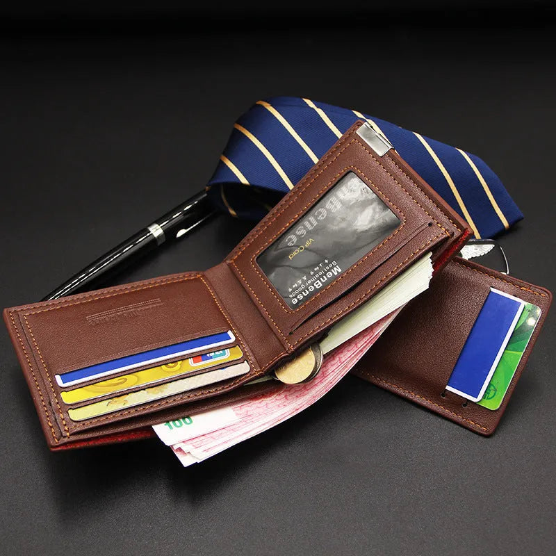 Men's black iron-edge card-picking wallet showing card slots and cash compartment.