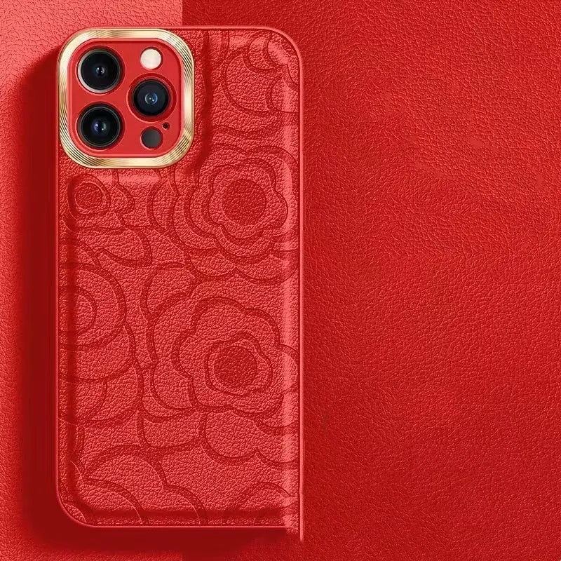 Camellia leather pattern iPhone case with soft edge and hard back, drop-resistant protective shell.