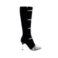 Women's grey knee-high stiletto boots with a 9cm heel and velvet lining.
