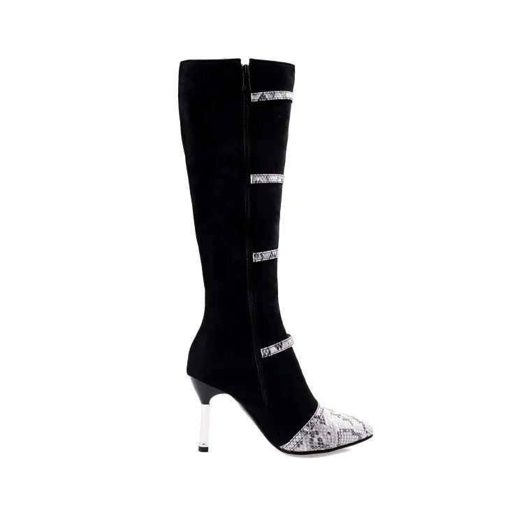 Women's grey knee-high stiletto boots with a 9cm heel and velvet lining.