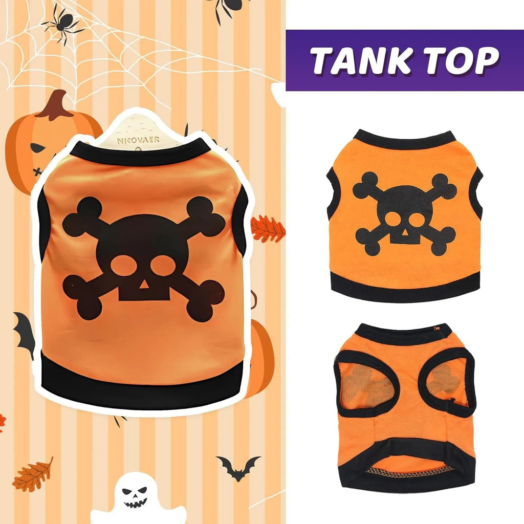 Blue Halloween skull bones pattern dog vest on a small dog