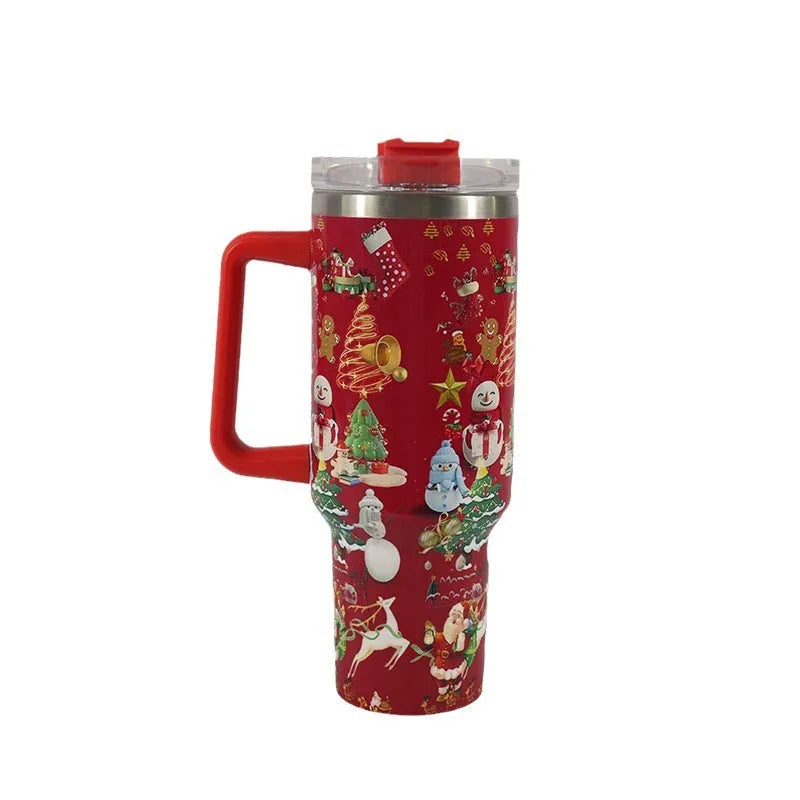 Red stainless steel travel tumbler with handle, straw and Christmas pattern decoration showing 1200ml capacity markings