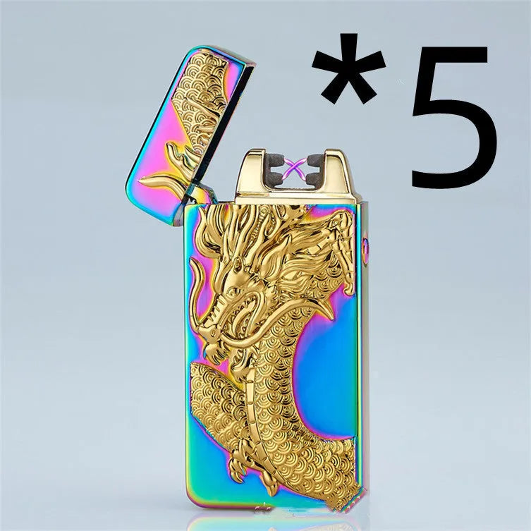Metal USB rechargeable windproof lighter with ice golden dragon design, dimensions 73.5×35×13mm