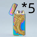 Metal USB rechargeable windproof lighter with ice golden dragon design, dimensions 73.5×35×13mm