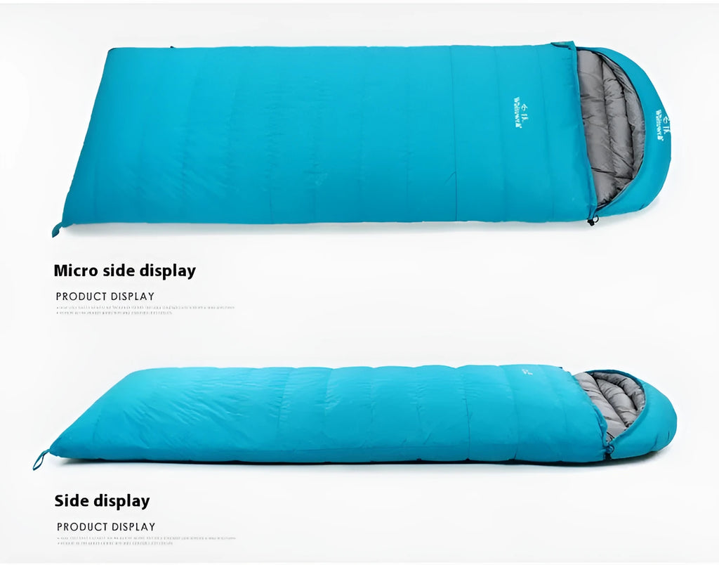 Black outdoor down sleeping bag with envelope structure, shown with a choice of filler weight options.