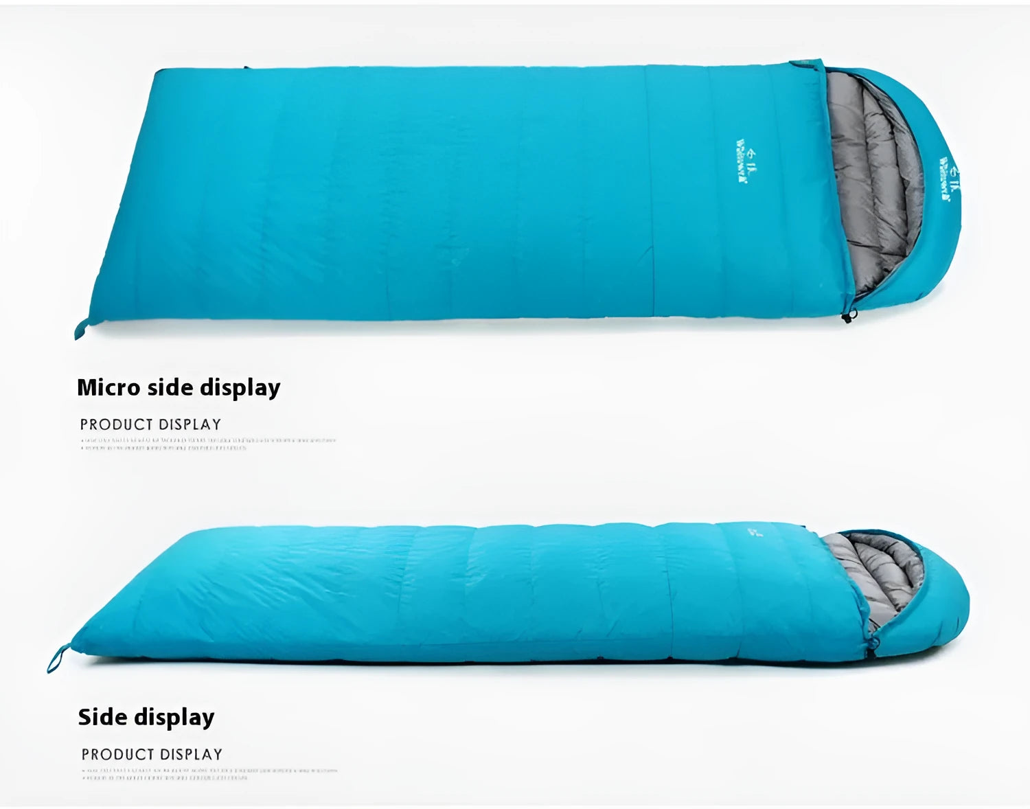 Black outdoor down sleeping bag with envelope structure, shown with a choice of filler weight options.