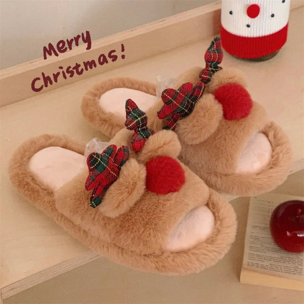 Brown deer cartoon design women's indoor slippers with suede upper and flip-flop style