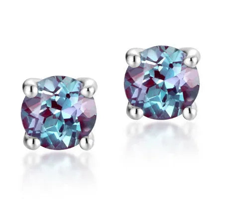 Simple geometric sterling silver stud earrings with a round cultivated Alexandrite stone.