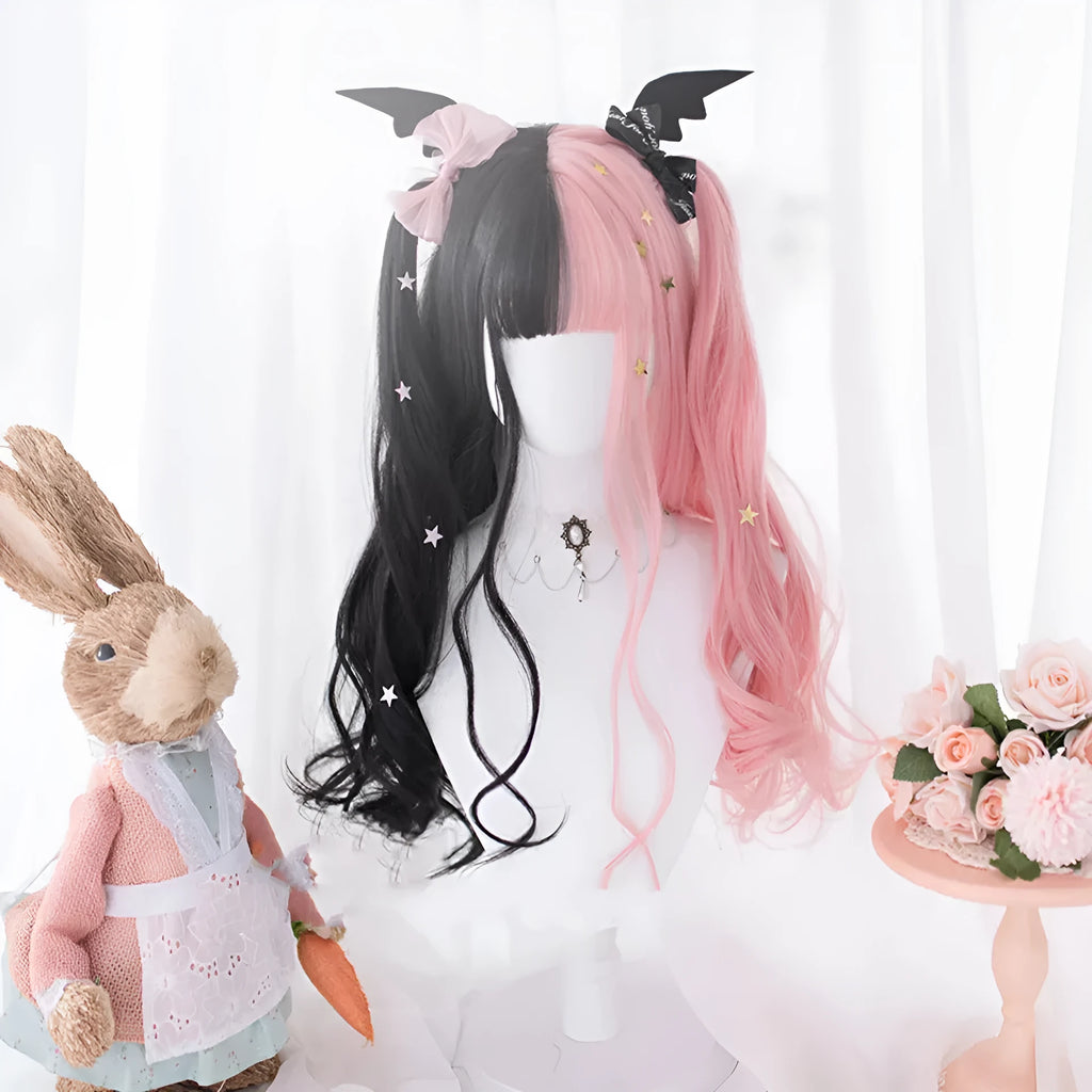 Black pink long curly Harajuku Lolita cosplay wig with bangs on display