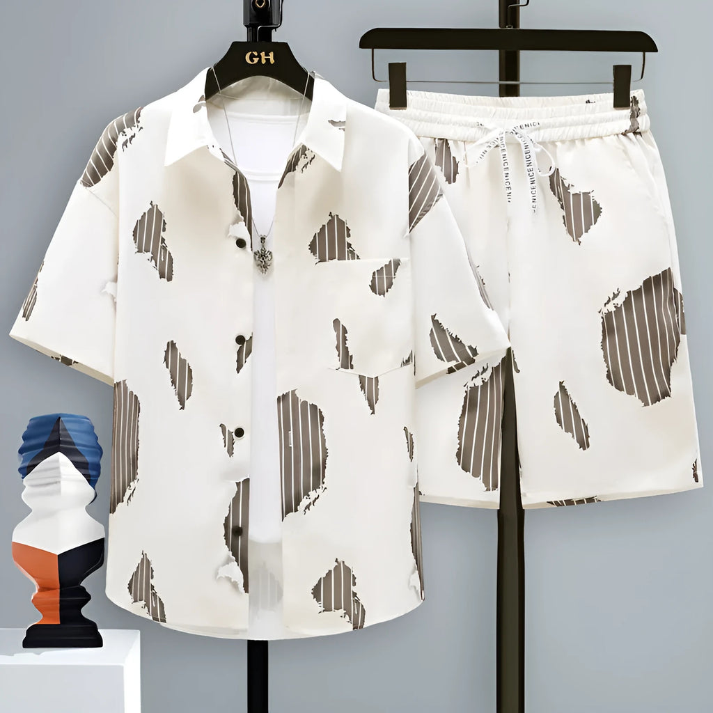 Men's casual sports shorts two-piece set in lightweight polyester, showing short sleeve top and matching shorts.