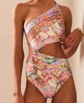 Rose gold patterned women's one-piece swimsuit on a mannequin.