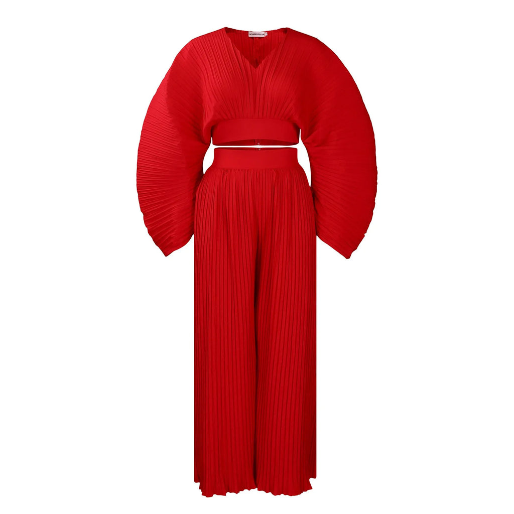 Red African suit two-piece set with batwing sleeve top and wide leg trousers on a mannequin.