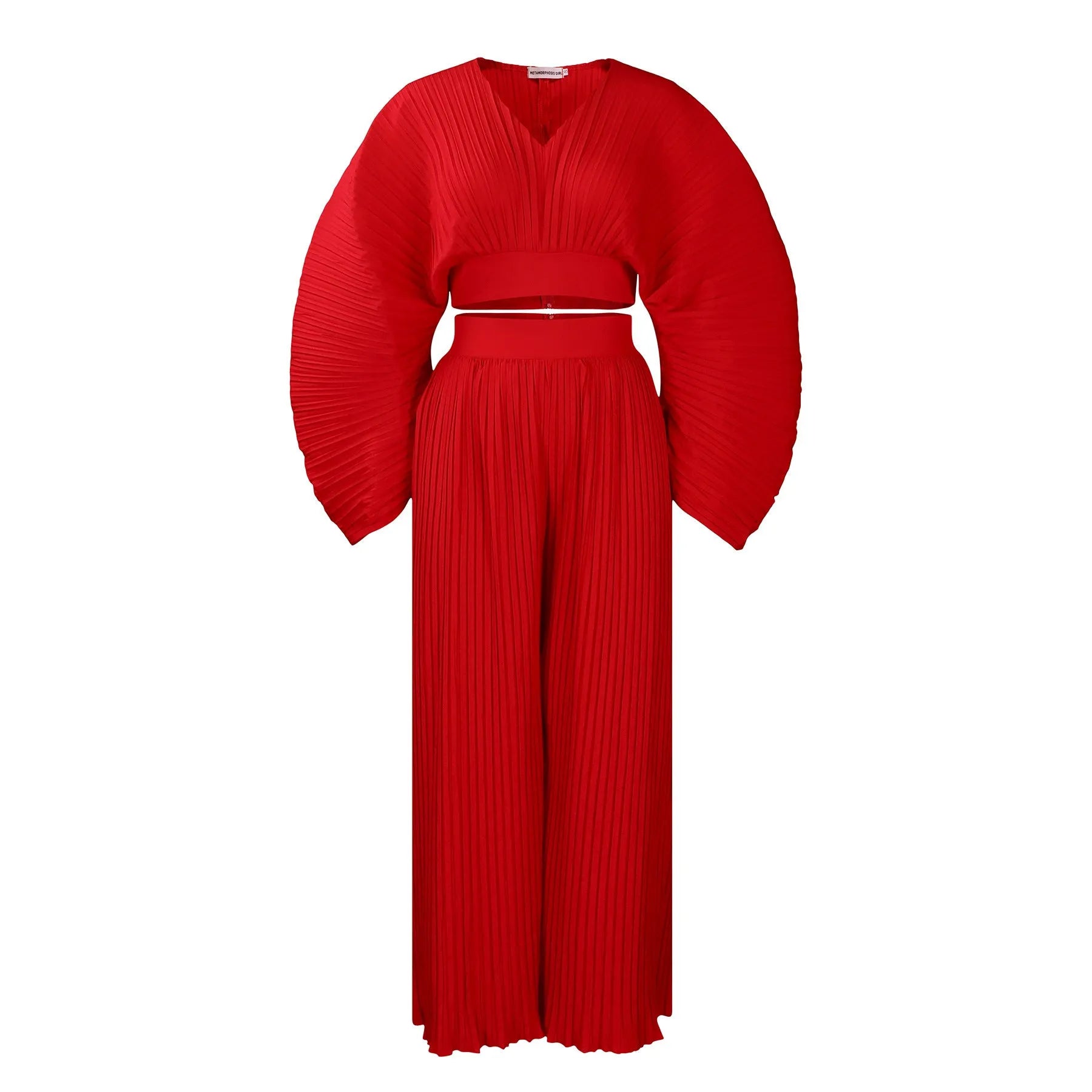Red African suit two-piece set with batwing sleeve top and wide leg trousers on a mannequin.