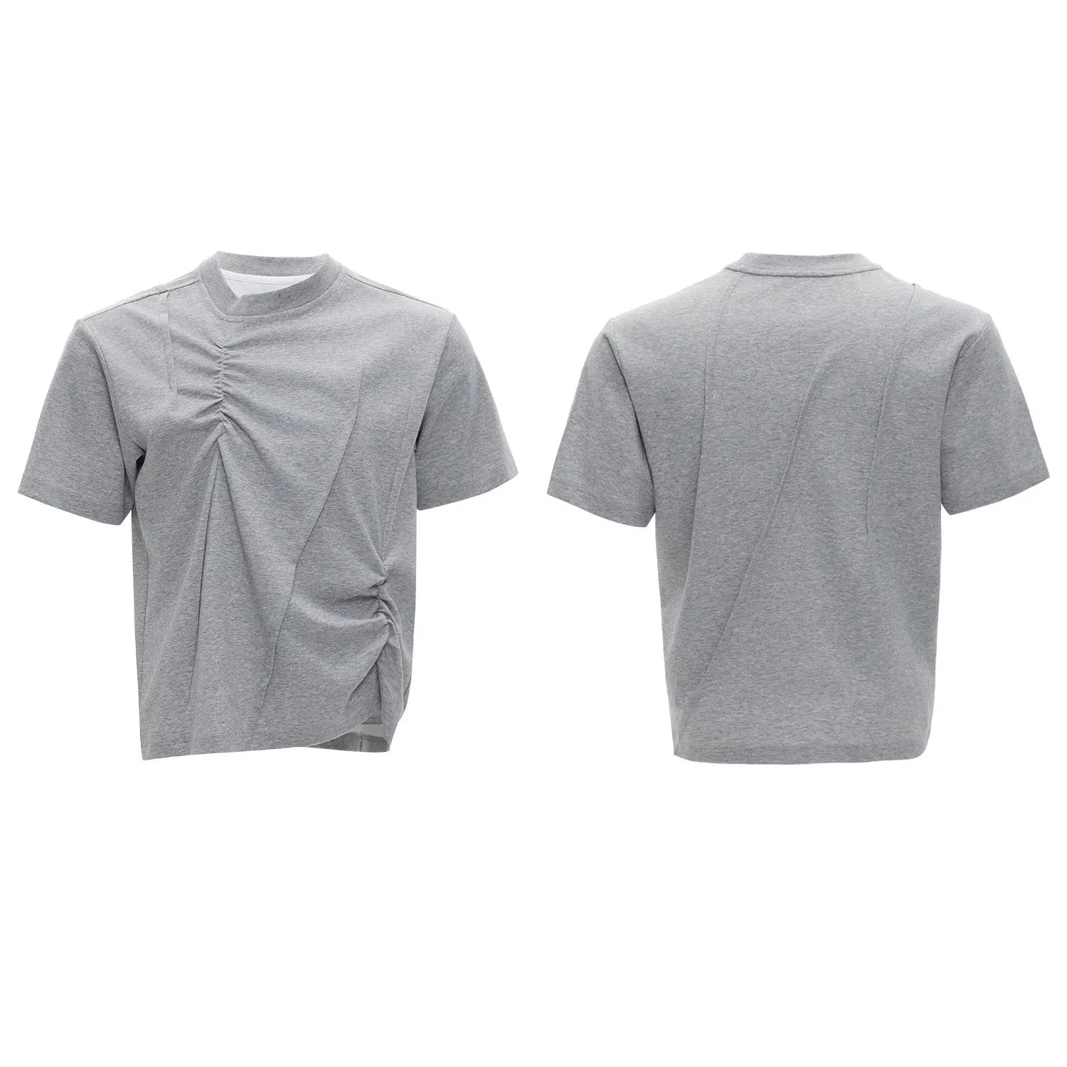 Men's black cotton t-shirt with three-dimensional pleats and a round neck, laid flat.