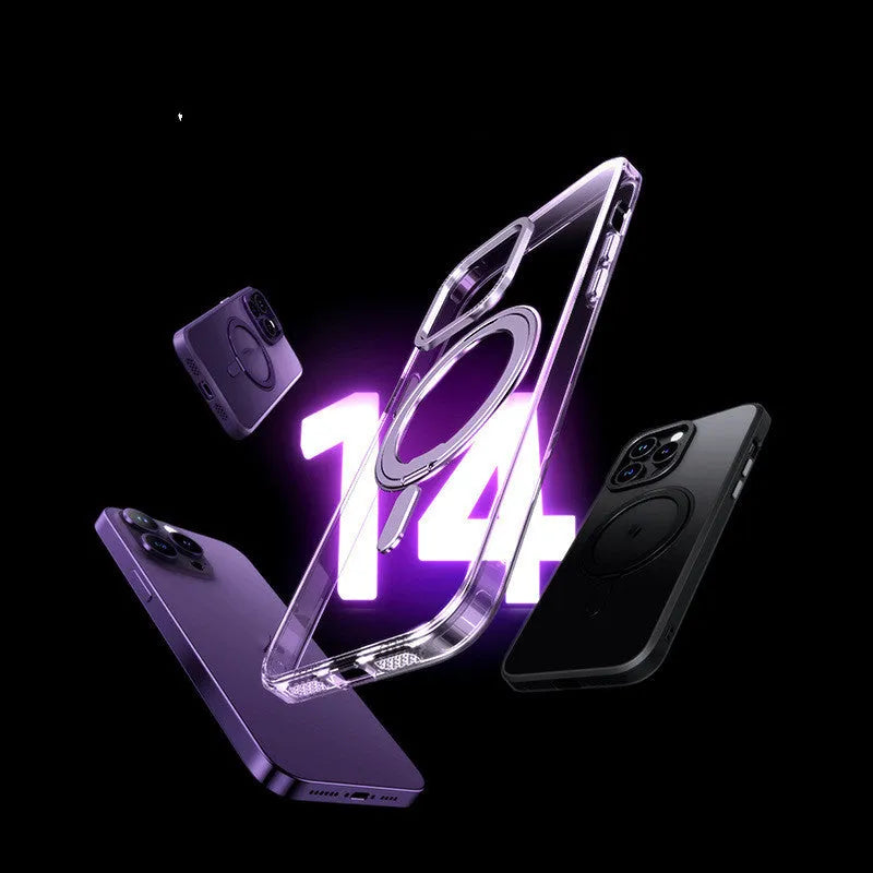 Transparent magnetic protective phone case for iPhone, shown in black, grey, purple and clear colours.