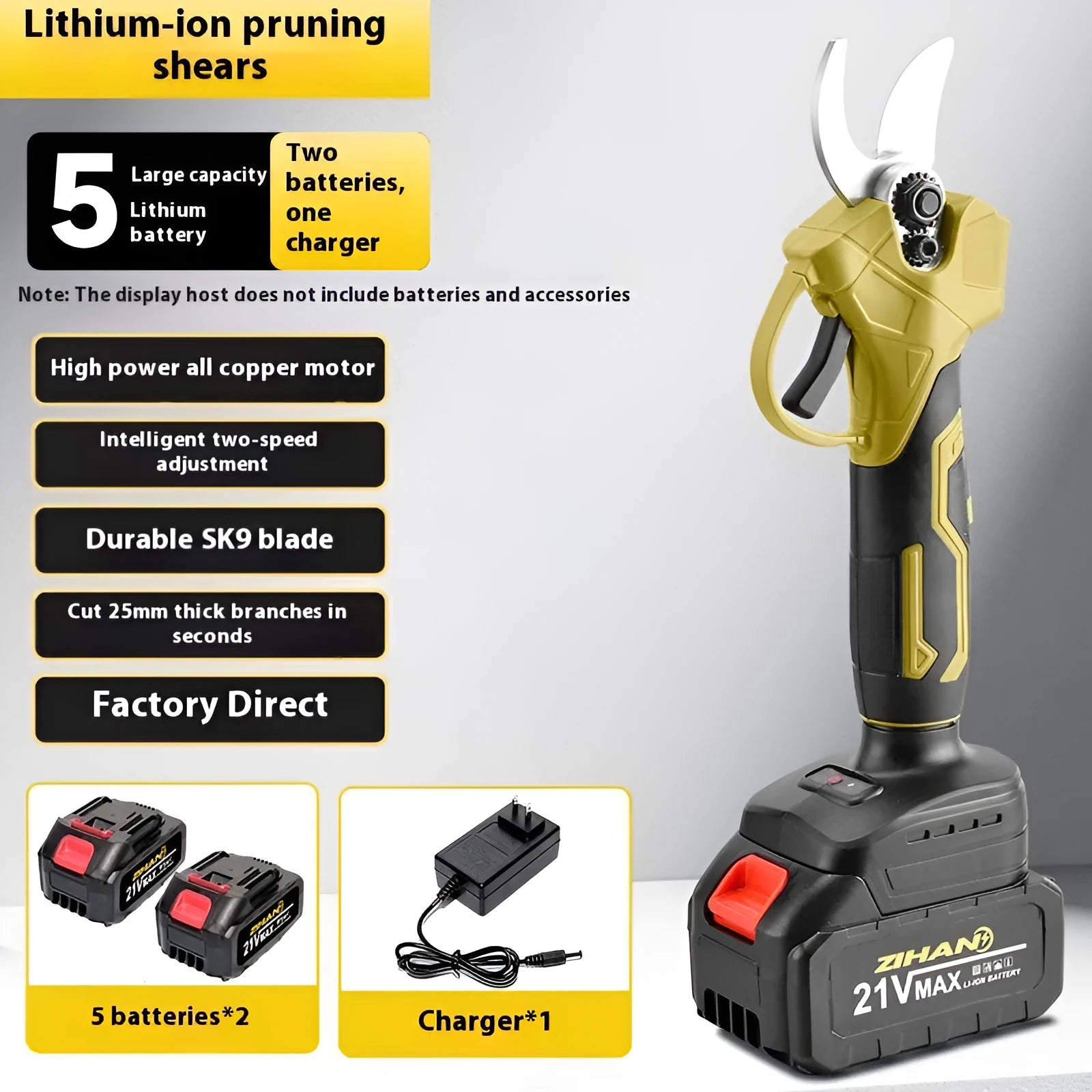 Wireless electric pruning knife with brushless motor, two lithium batteries, and storage box