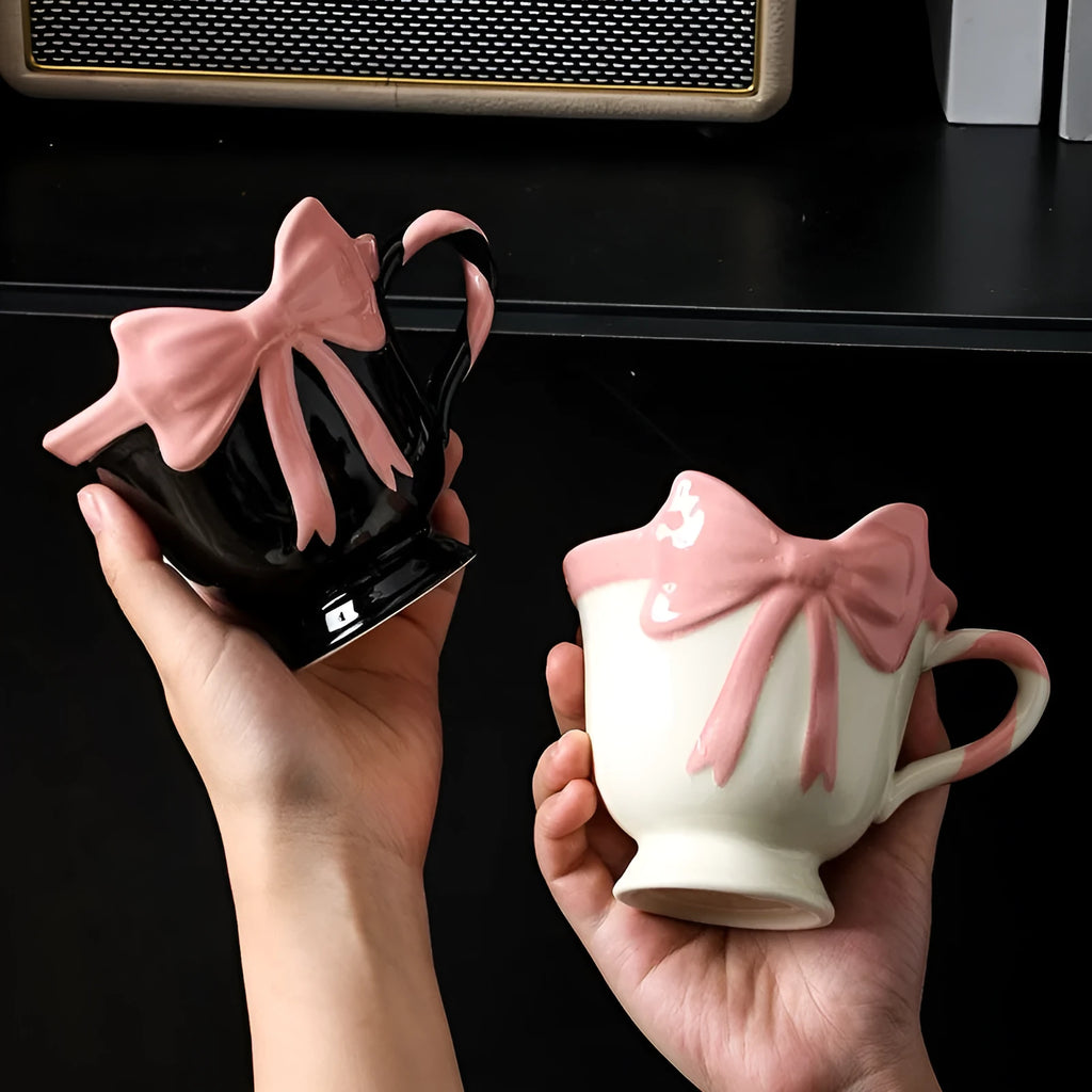 Girl heart bow design ceramic mug in white powder or black pink colour with 350ml capacity