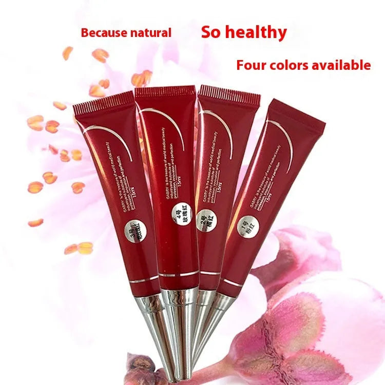 Vermilion lip gloss makeup tool showing five colour shades: pink, orange red, bright rose red, rose red, and seashell