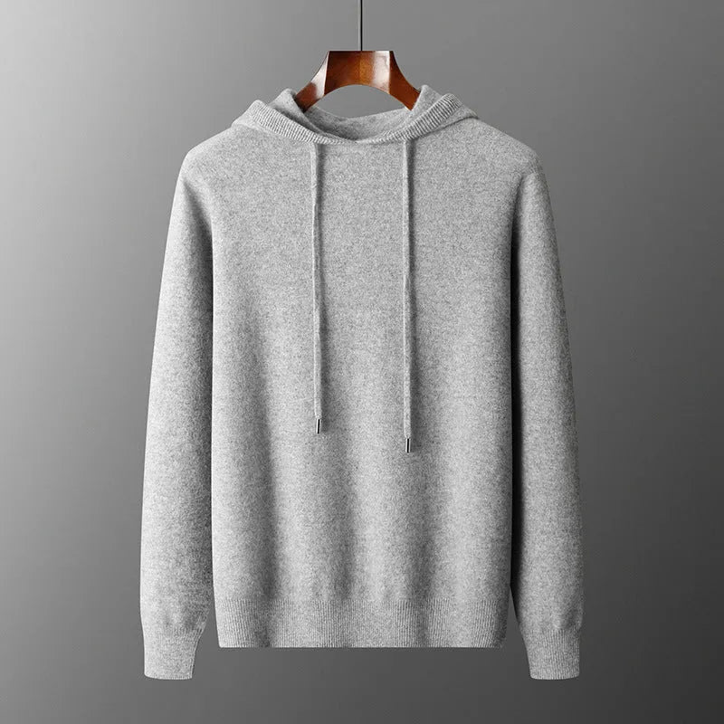 Men's light grey cashmere hooded sweatshirt and trousers leisure set on mannequin