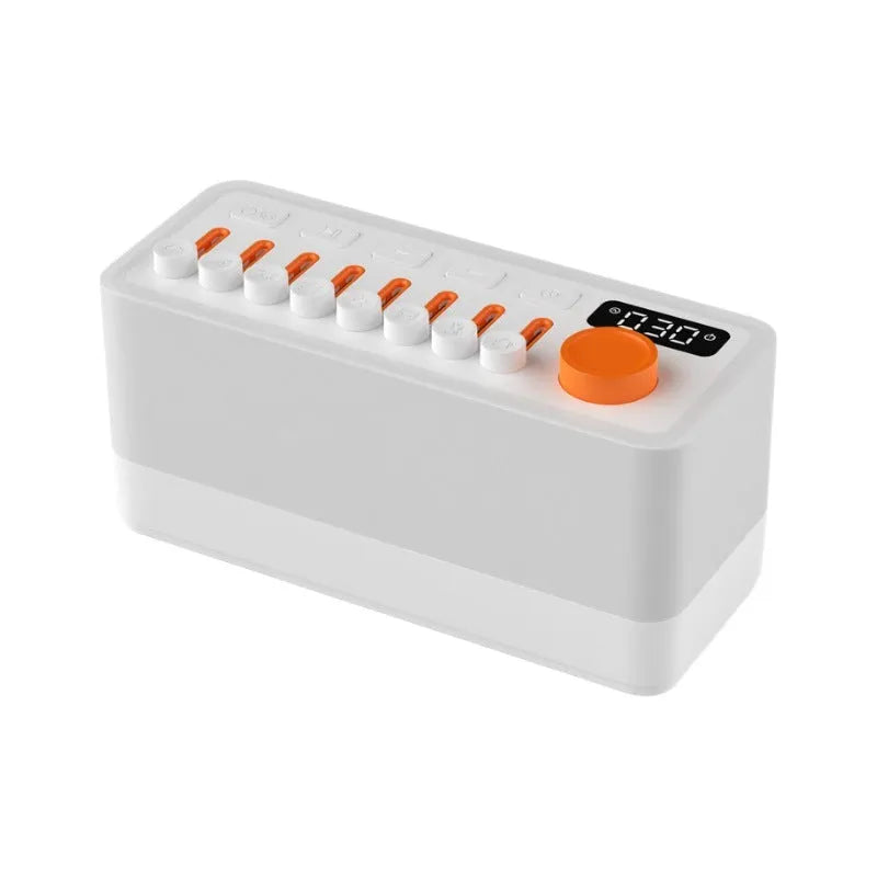 White smart sleep speaker night lamp with USB power, 2600 mAh battery, 180 x 73 x 80 mm, alarm clock and RGB light