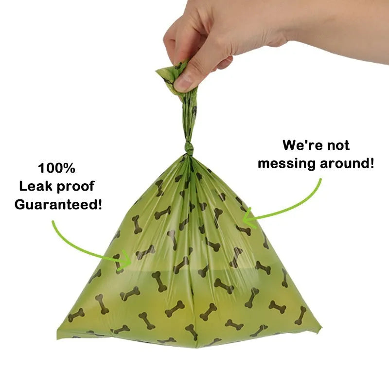 Military green degradable dog poop bags with black bone print showing roll format and dimensions