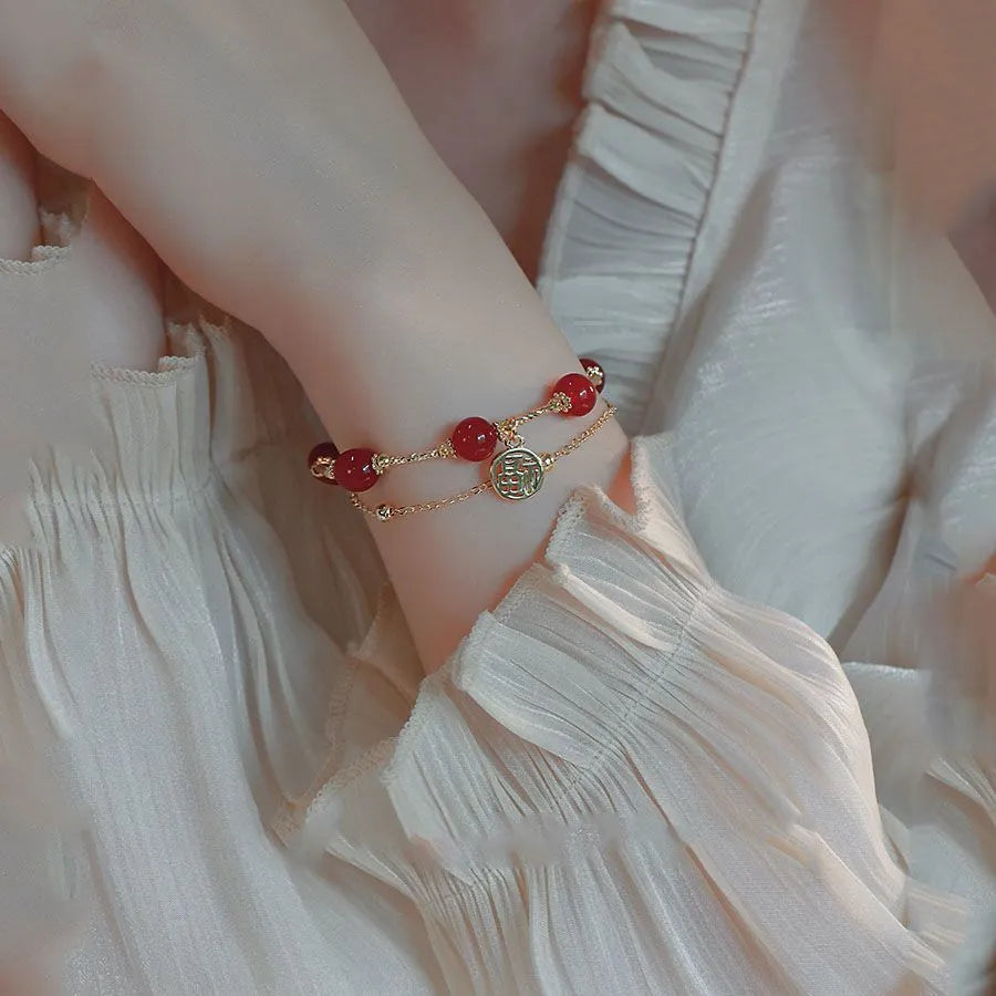 Red agate and alloy double-layer bracelet with animal modelling and square pattern design in gift box