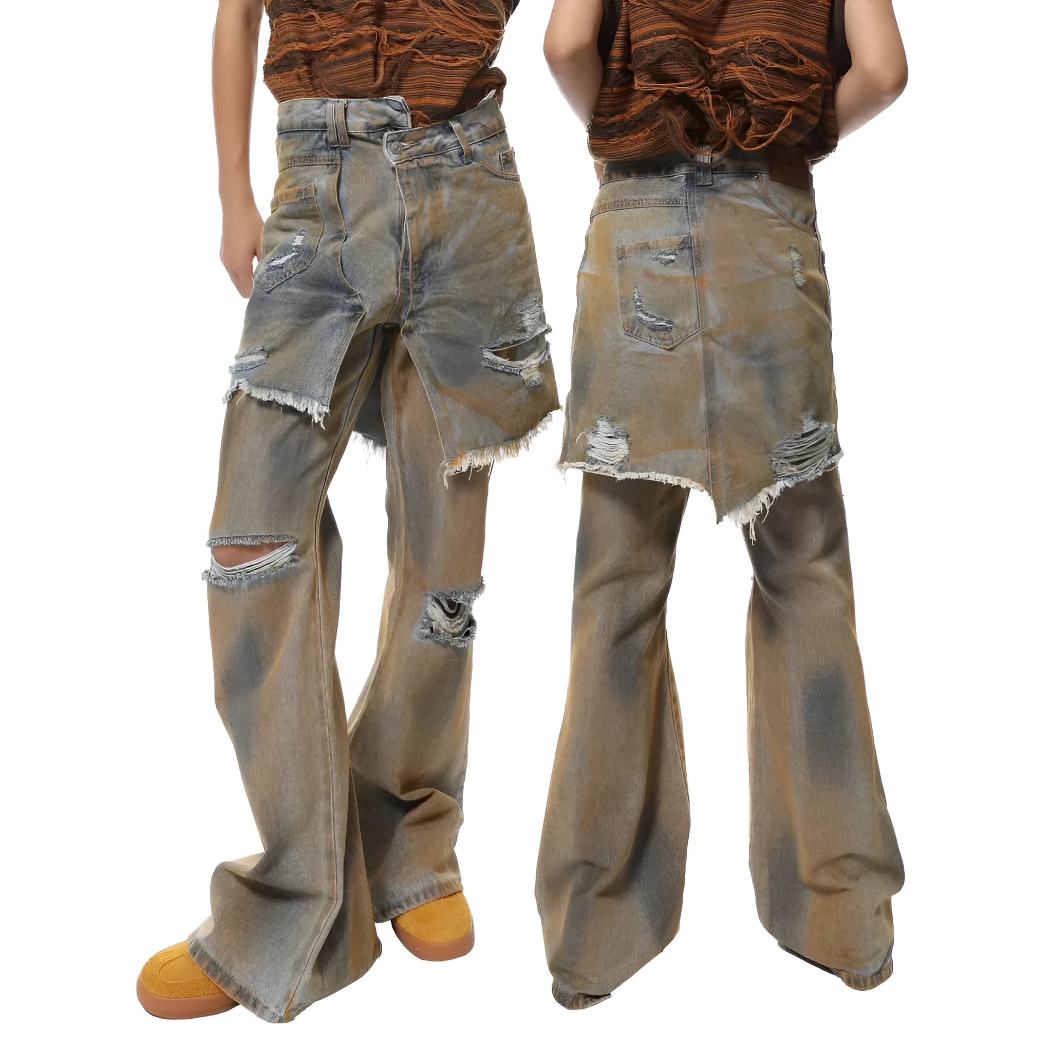High-waisted bootcut denim trousers with straight leg and cardigan button fly