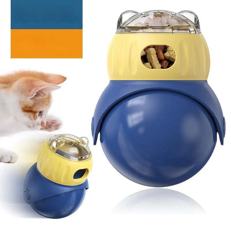 Yellow and blue plastic owl-shaped tumbler cat feeder toy for food puzzles.