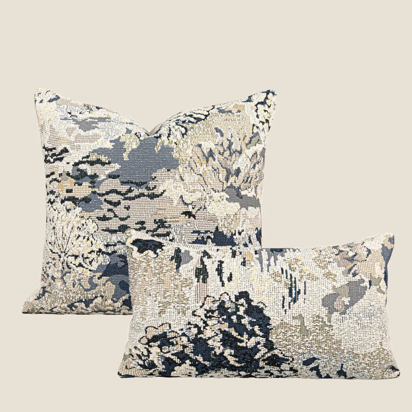 Antique blue wool blend decorative cushion with abstract flower and plant pattern, shown in square and rectangular sizes.