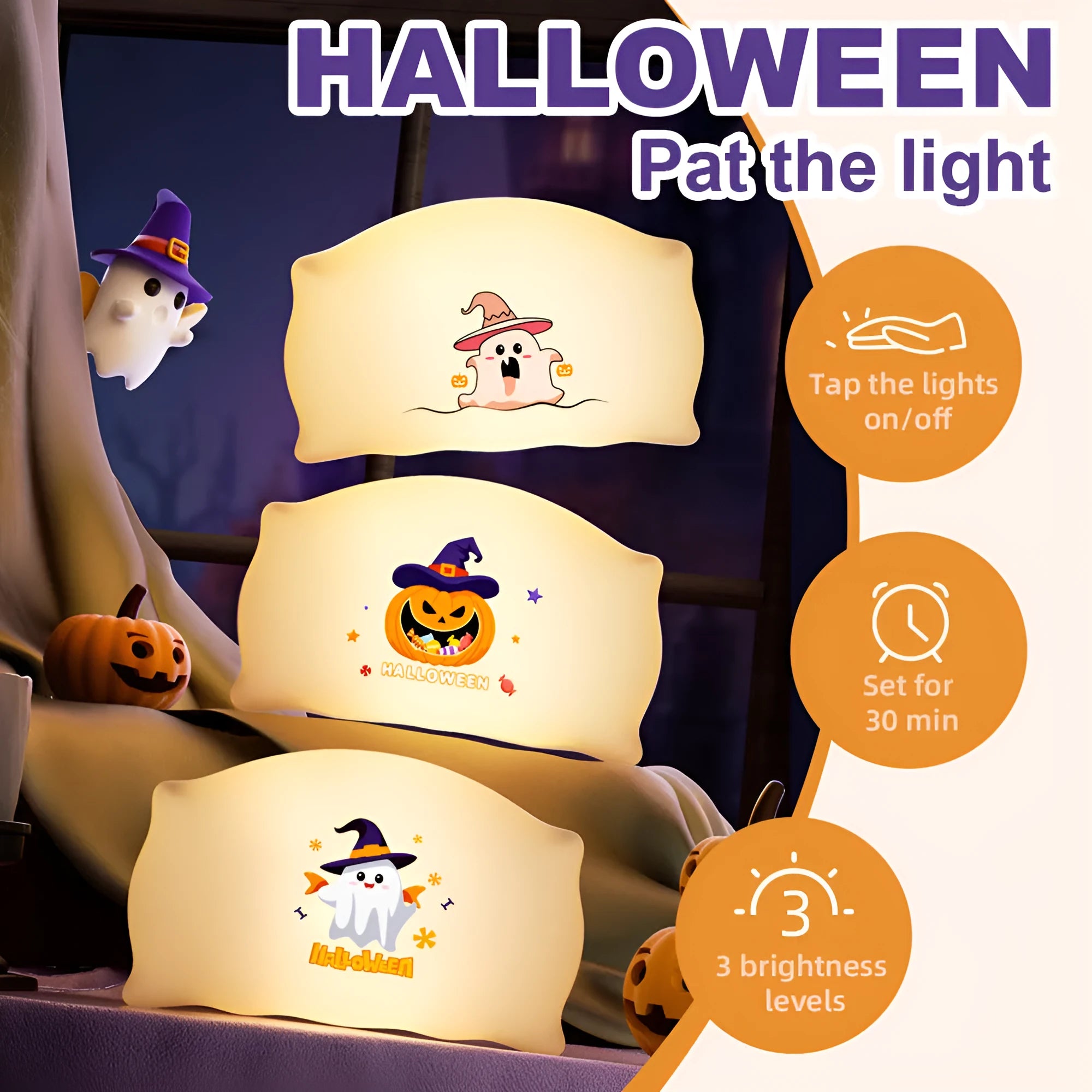 Cartoon Halloween ghost doll table lamp with warm LED light on a bedside table.