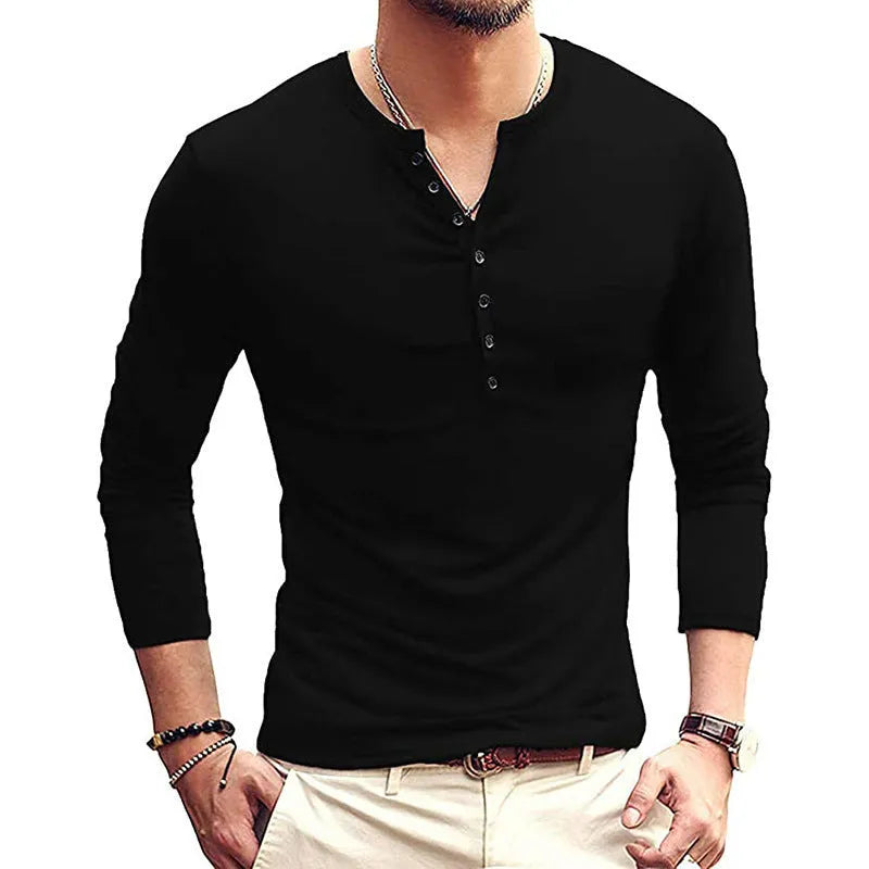 Men's solid colour long sleeve cotton blend Henry shirt on a hanger