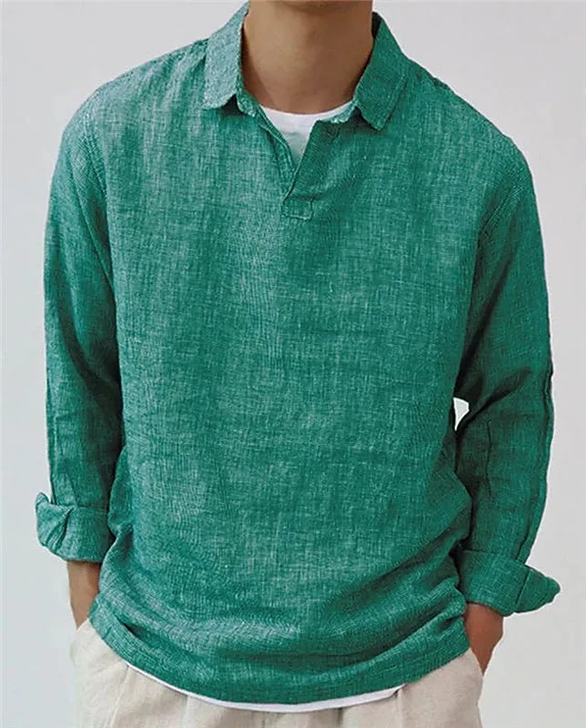 Men's cotton blend long sleeve pullover shirt with lapel collar in solid dark green, casual fit