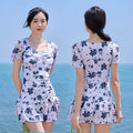Women's white mesh short sleeve one-piece swimming dress with briefs bottom
