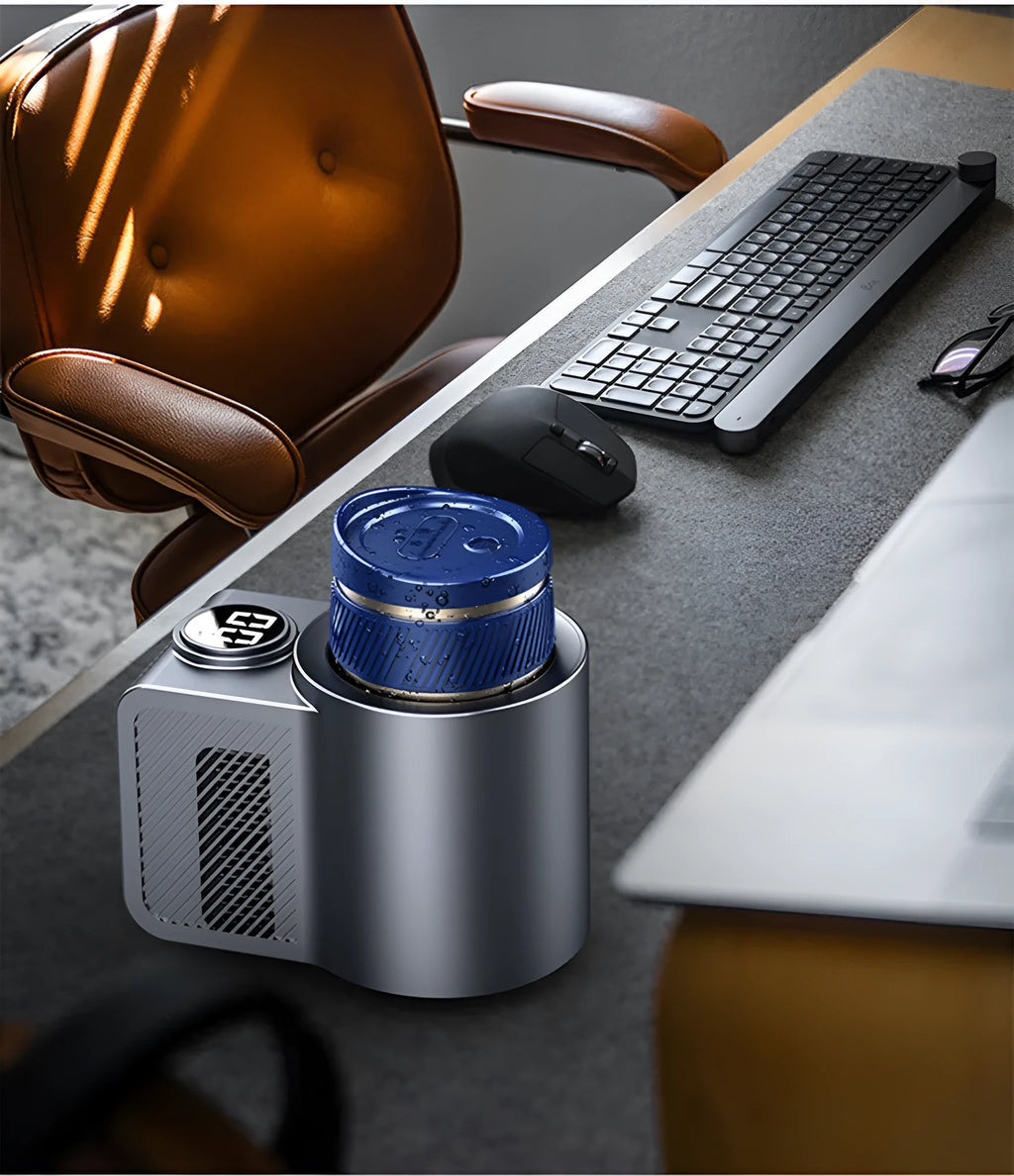 Smart portable car hot and cold coffee cup with digital temperature display, 95x130x180mm, 12V car charger and home adapter