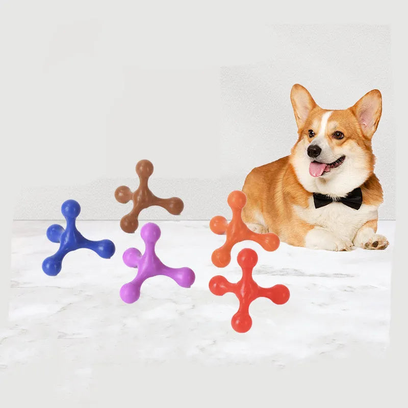 Beef-flavoured silicone chew toy for small medium dogs with three-legged bone design in assorted colours