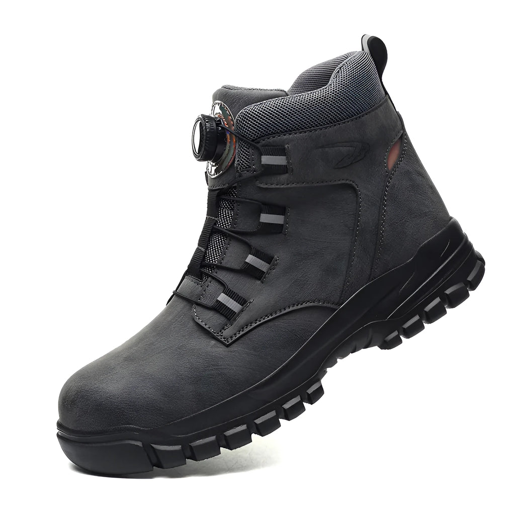 Men's leather anti-smash and puncture-resistant safety work boots in black, grey and yellow colours