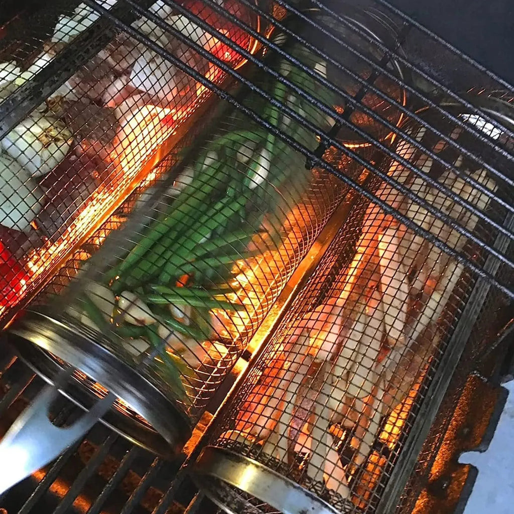 Stainless steel cylindrical rolling barbecue basket with wire mesh for grilling vegetables and meat.