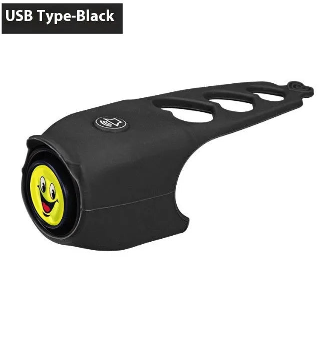 A plastic electronic bicycle horn in one of six colours, showing its compact shape for handlebar mounting.