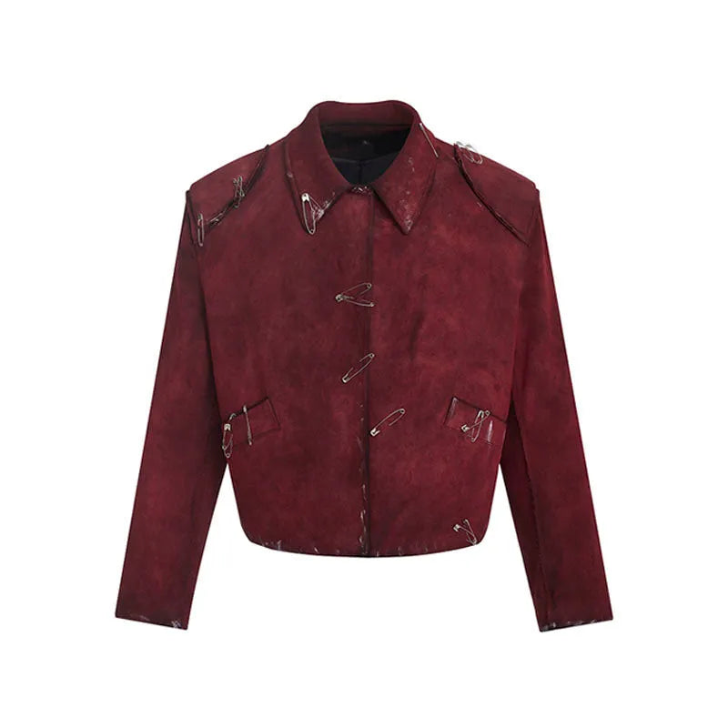 Men's red quilted jacket with decorative pin and flocking detail, loose fit with lapel collar