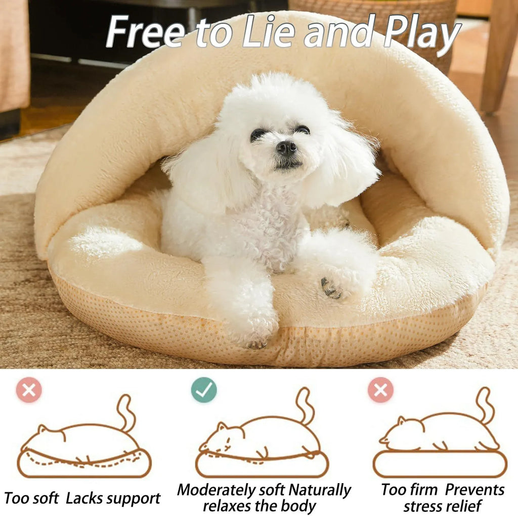 Grey corduroy slipper-shaped cat cave bed with plush interior, shown both as a closed hideout and opened as a flat lounging bed.
