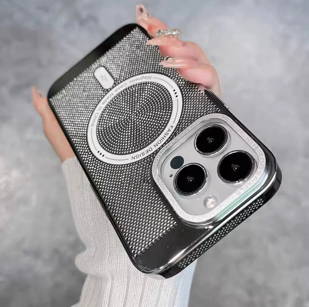 Electroplated magnetic iPhone case in black showing MagSafe compatibility and protective design