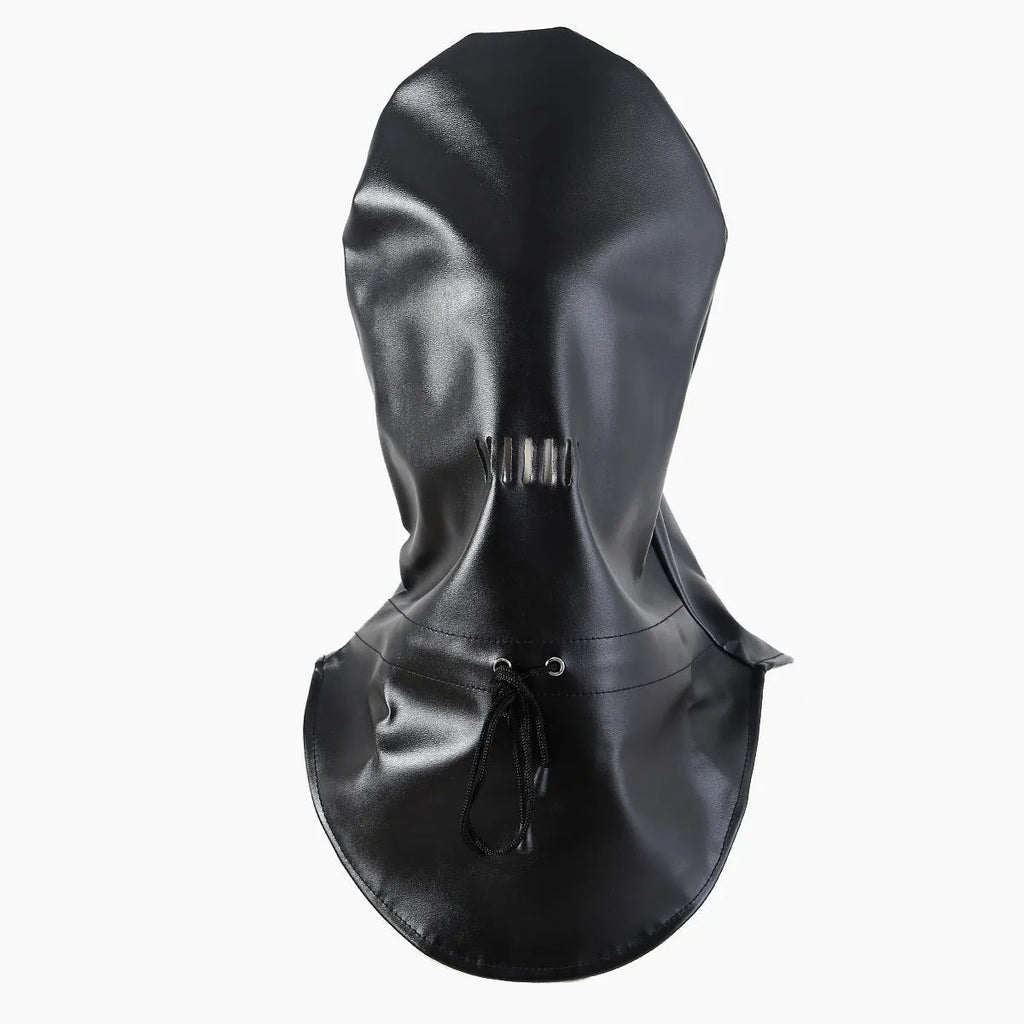 Black leather adult role-play mask with breathable design for training scenarios