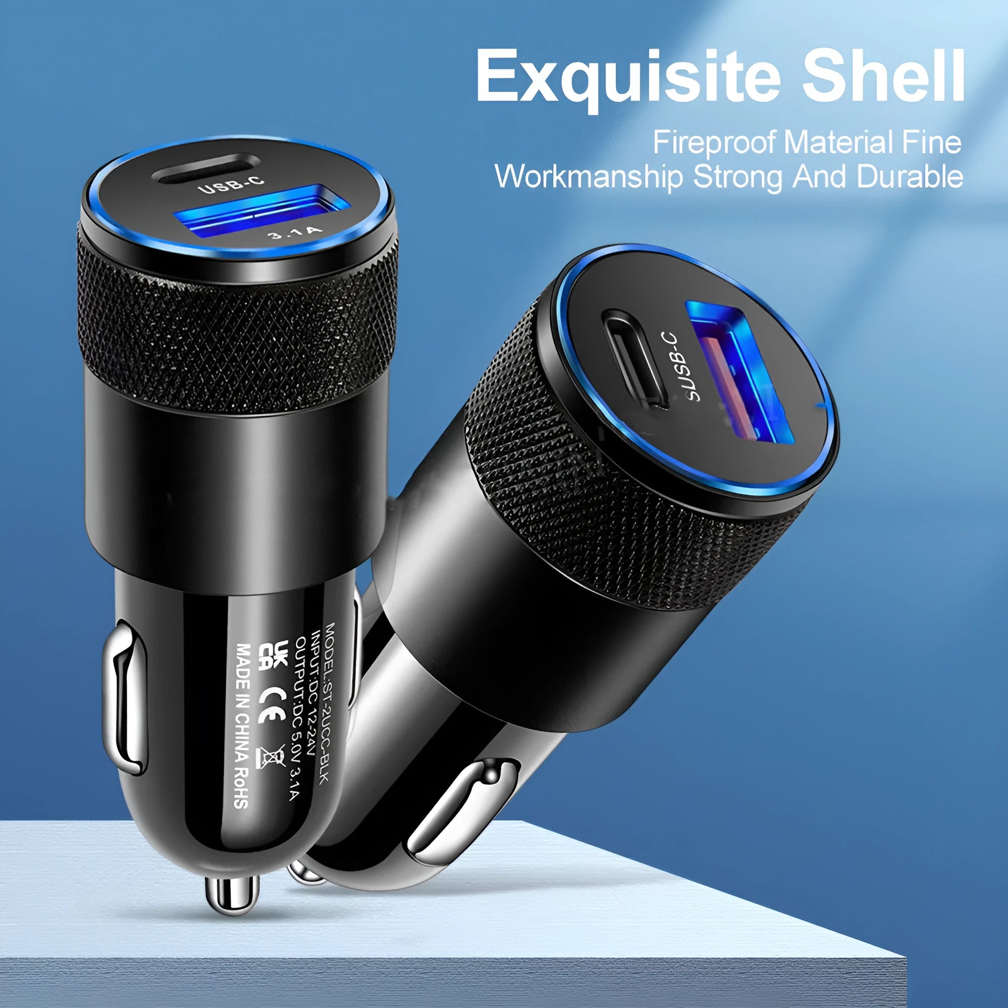 Aluminium alloy twin USB car charger shown in black, plugged into a car dashboard 12V socket.