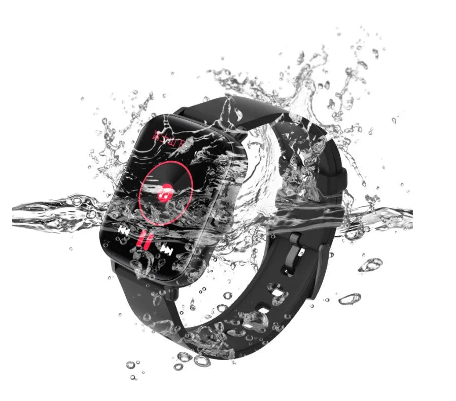 Smart watch with blue strap and 1.7-inch colour touch screen displaying time and heart rate
